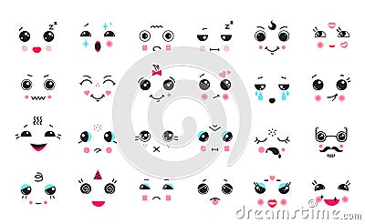 Kawaii faces. Cartoon anime and manga cute emoticons with big black eyes, funny faces with different emotions. Vector Vector Illustration