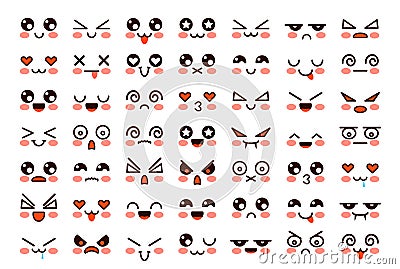 Kawaii faces. Cute cartoon emoticon with different emotions. Funny japanese emoji with eyes and mouth, comic expressions Vector Illustration
