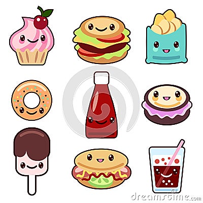 Kawaii fast food and fruit Vector Illustration