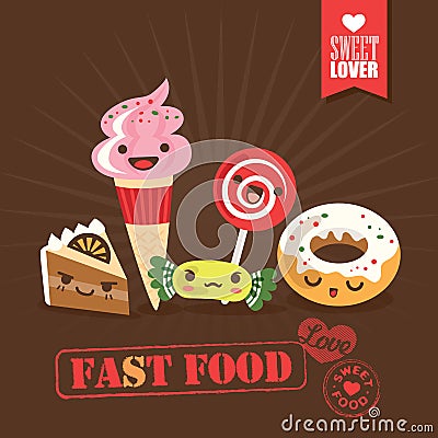 Kawaii fast food sweets candy cartoon characters illustration Vector Illustration