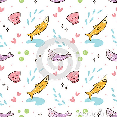 Kawaii fish and sea shells seamless pattern Vector Illustration