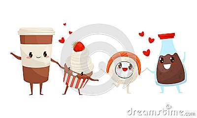 Kawaii Food Pairs in Love with Coffee and Cupcake Holding Hands Vector Set Stock Photo
