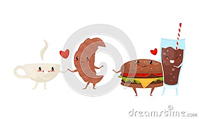 Kawaii Food Pairs in Love with Coke and Hamburger Hugging Vector Set Stock Photo