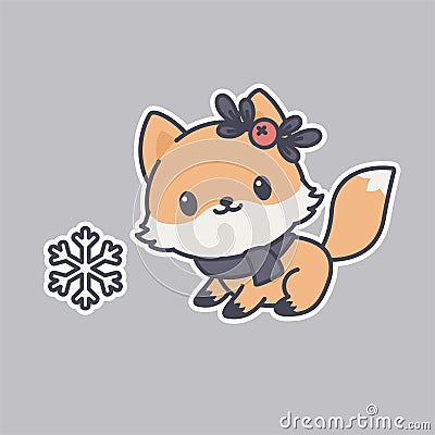 Cute kawaii fox sticker. Happy little foxes with holly berry, scarf, and a snowflake Vector Illustration