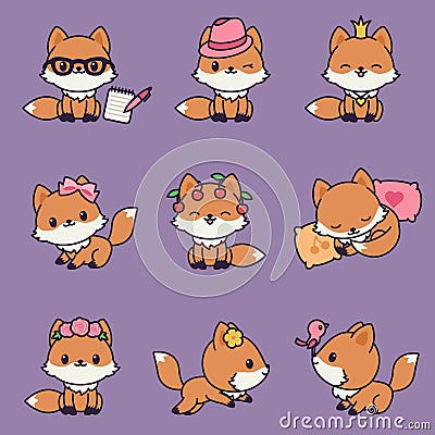 9 kawaii foxes icons set Vector Illustration