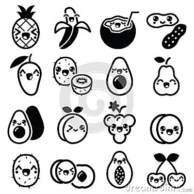 Kawaii fruit and nuts cute characters icons set Stock Photo