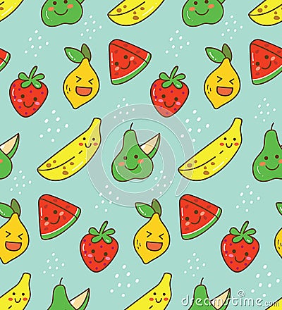 Kawaii fruit seamless pattern with lemon, strawberry etc Stock Photo