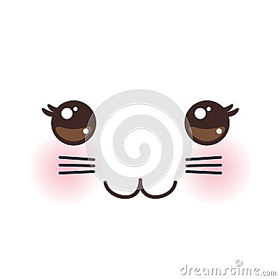 Kawaii funny cat muzzle with pink cheeks and big black eyes on white background. Vector Vector Illustration