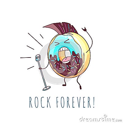 Kawaii funny donut rock singer. Sweet fast food. Graphic print sign Vector Illustration