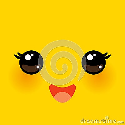 Kawaii funny muzzle with pink cheeks and big eyes Cute Cartoon Face on yellow orange background. Vector illustration Vector Illustration