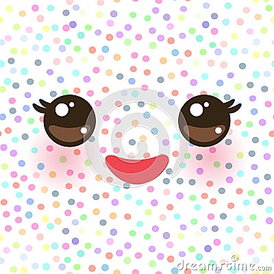 Kawaii funny muzzle with pink cheeks and eyes on white polka dot background. Vector Vector Illustration