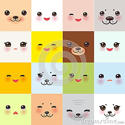 Kawaii funny muzzle set with pink cheeks and winking eyes on square background. Vector Vector Illustration