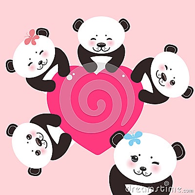 Kawaii funny panda white muzzle with pink cheeks and big black eyes. Vector Illustration