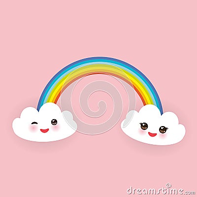 Kawaii funny white clouds set, muzzle with pink cheeks and winking eyes, rainbow on light pink background. Vector Vector Illustration