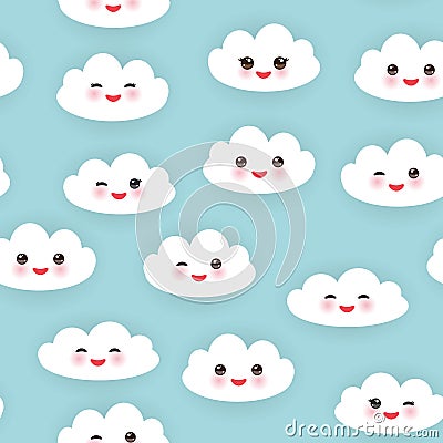 Kawaii funny white clouds set, muzzle with pink Vector Illustration