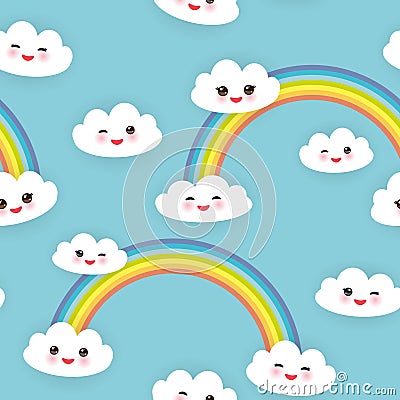 Kawaii funny white clouds set, muzzle with pink cheeks and winking eyes. Seamless pattern on blue background. Vector Vector Illustration