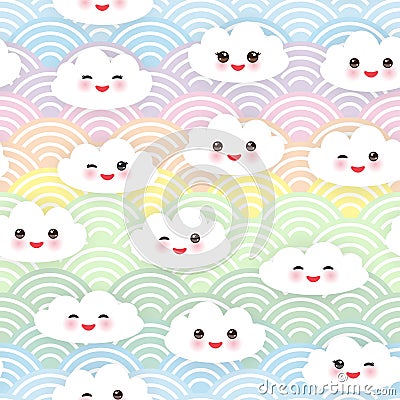 Kawaii funny white clouds set, muzzle with pink cheeks and winking eyes. Seamless pattern on blue mint orange pink lilac japanese Vector Illustration