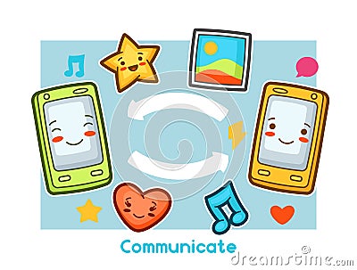 Kawaii gadgets communication funny card. Doodles with pretty facial expression Vector Illustration