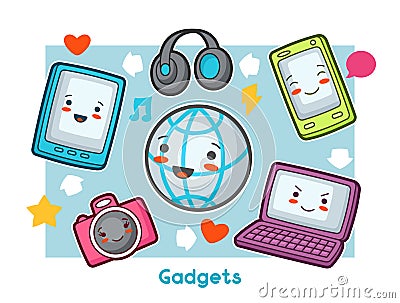 Kawaii gadgets funny card. Doodles with pretty facial expression Vector Illustration