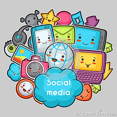 Kawaii gadgets social media items. Vector Illustration