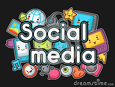 Kawaii gadgets social media items. Doodles with pretty facial expression. Illustration of phone, tablet, globe, camera Vector Illustration