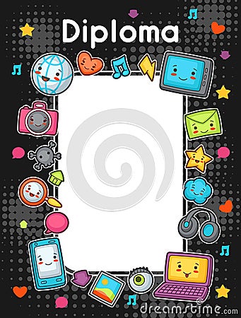 Kawaii gadgets social network diploma. Doodles with pretty facial expression. Illustration of phone, tablet, globe Vector Illustration