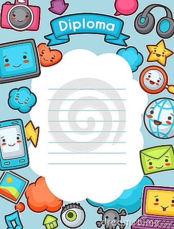 Kawaii gadgets social network diploma. Doodles with pretty facial expression. Illustration of phone, tablet, globe Vector Illustration