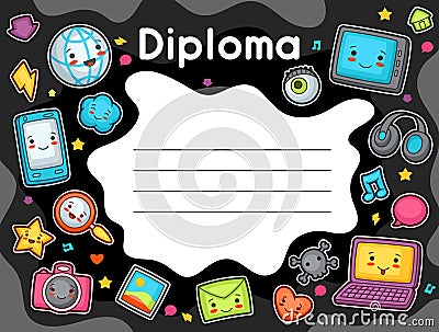 Kawaii gadgets social network diploma. Doodles with pretty facial expression. Illustration of phone, tablet, globe Vector Illustration