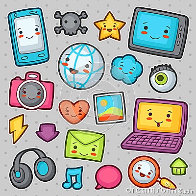 Kawaii gadgets social network items. Vector Illustration