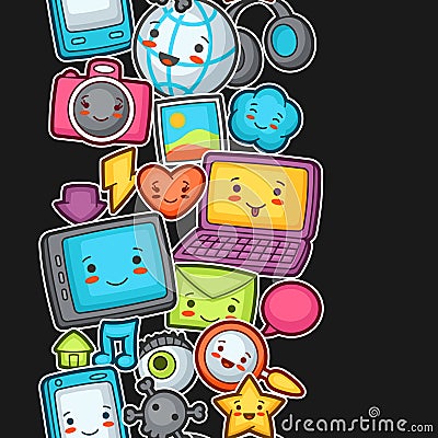 Kawaii gadgets social network seamless pattern. Vector Illustration