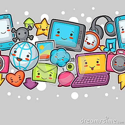 Kawaii gadgets social network seamless pattern. Doodles with pretty facial expression. Illustration of phone, tablet Vector Illustration