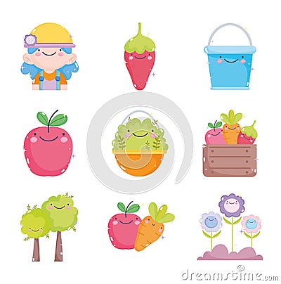 Kawaii gardening cartoon characters tools collection Vector Illustration