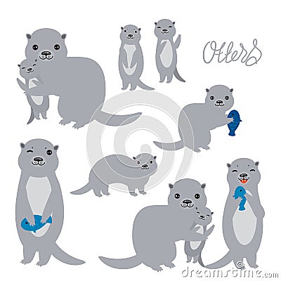 Kawaii grey otters family with children with fish on white background. Applicable for Banners, Placards, Posters, Flyers. Vector Vector Illustration