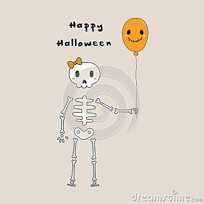 Kawaii Halloween card with skeleton Vector Illustration