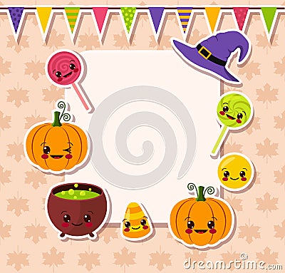Kawaii Halloween symbols with frame Vector Illustration