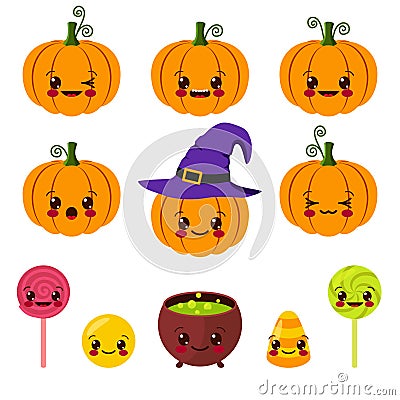 Kawaii Halloween symbols Vector Illustration