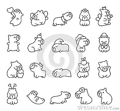 Kawaii happy capybara. Coloring Page Vector Illustration