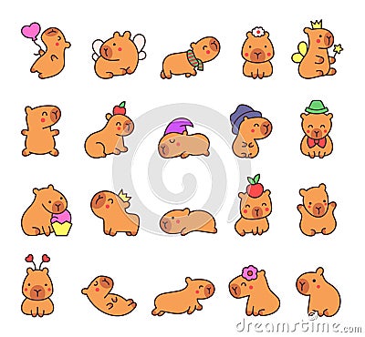 Kawaii happy capybara. Cute cartoon funny animals Vector Illustration