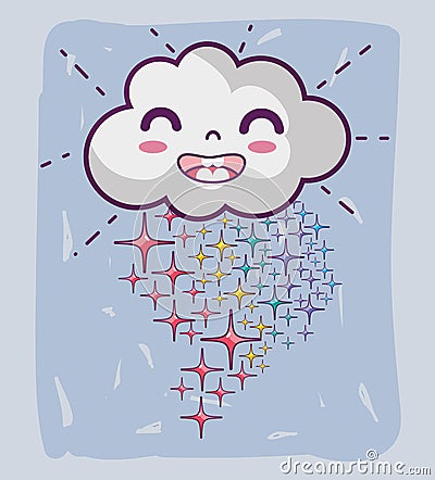 Kawaii happy cloud with stars rainbow Vector Illustration