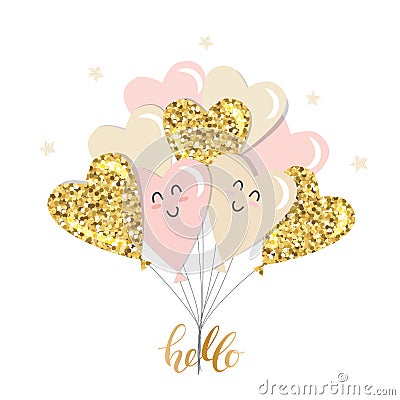 Kawaii heart balloons brunch. Girly. Gold glitter, pastel pink and beige colors. For Valentines day, birthday, baby shower, Cartoon Illustration