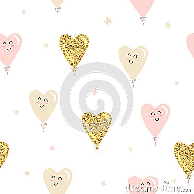 Kawaii heart balloons seamless pattern background. Gold glitter, pastel pink and beige colors. For Valentines day, birthday, baby Cartoon Illustration
