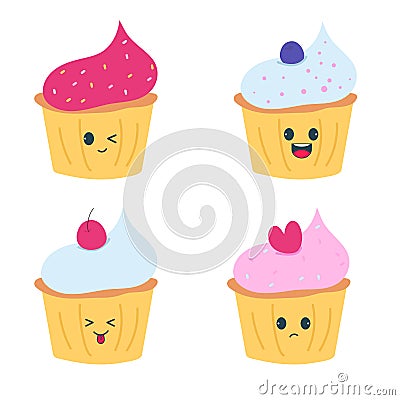 Kawaii holiday cupcakes multicolored with emotions Stock Photo