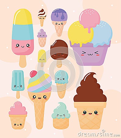 kawaii ice creams Vector Illustration