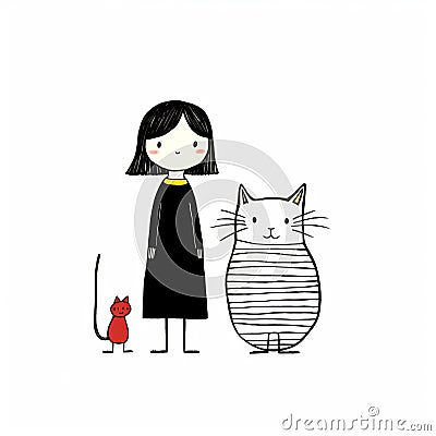 Kawaii Illustration Of A Girl Holding A Cat In Minimalist Style Cartoon Illustration