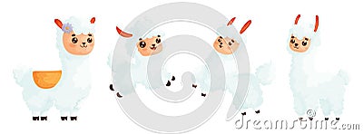 Kawaii Isolated Llama. White Wooly Llama or Alpaca as Domesticated South American Camelid Vector Set Vector Illustration