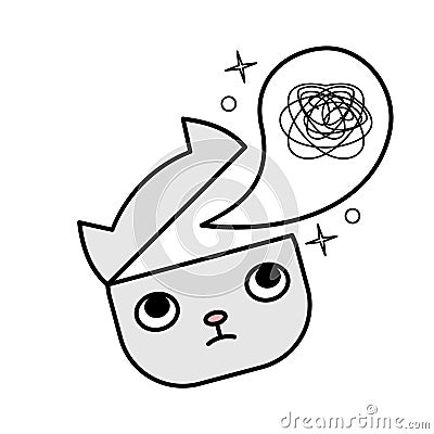 Cute cat with tangled thoughts. Worried nervous little kitten. Vector Illustration