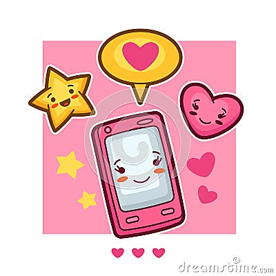 Kawaii mobile phone lovely card. Doodles with pretty facial expression Vector Illustration