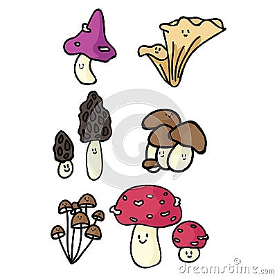 Kawaii mushroom cartoon vector illustration motif set. Hand drawn edible fungi Vector Illustration