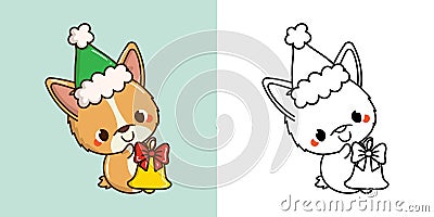 Kawaii New Year Corgi Dog Clipart Multicolored and Black and White. Cute Kawaii Christmas Puppy. Vector Illustration