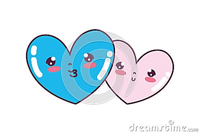 Kawaii nice heart couple together Vector Illustration